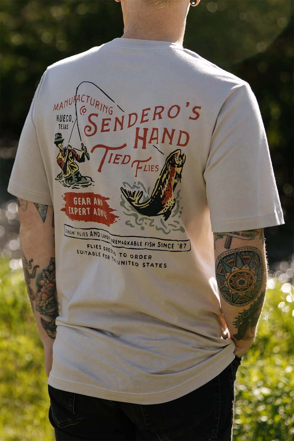 sendero hand tied flies tshirt sand back