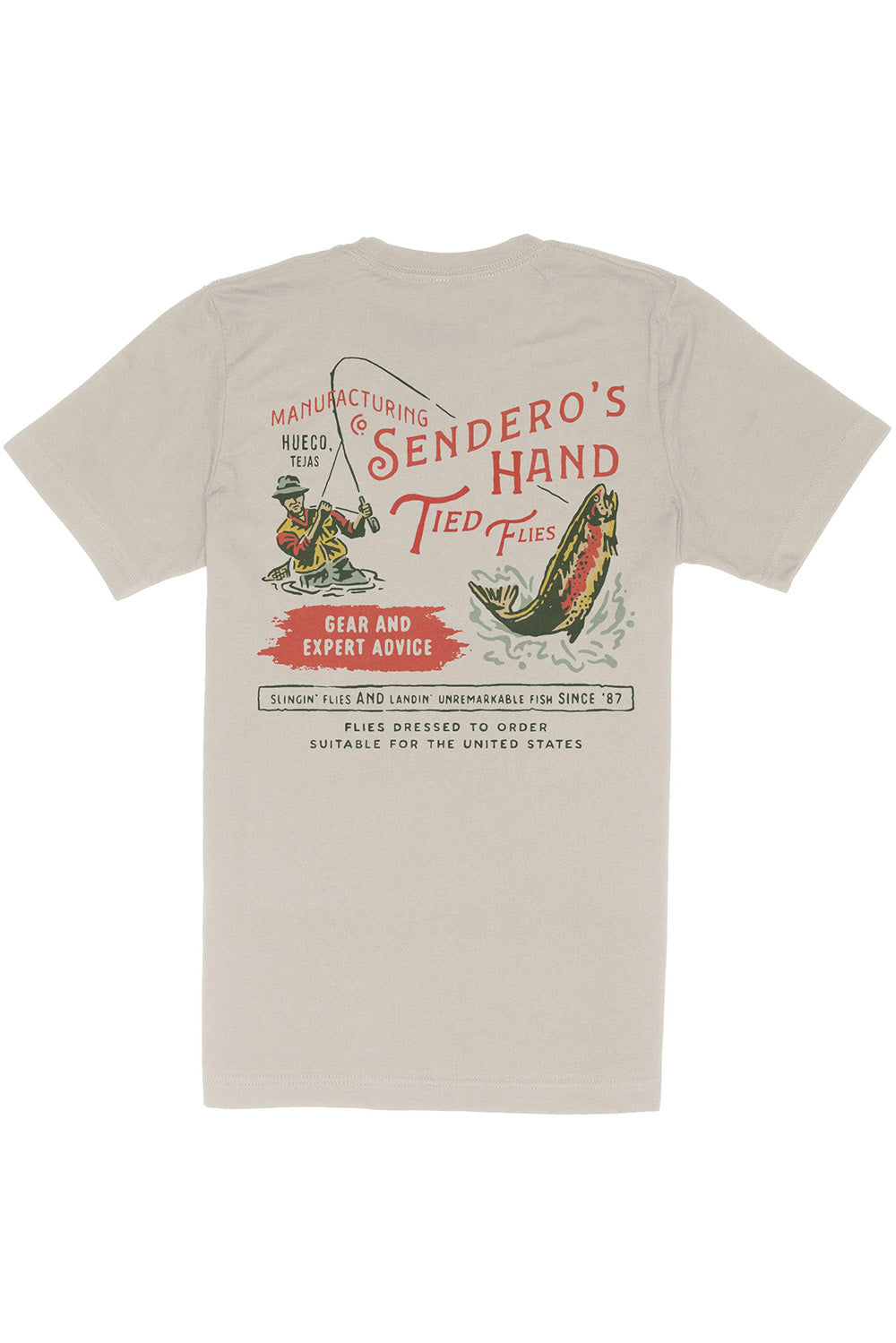 sendero hand tied flies tshirt sand flatlay