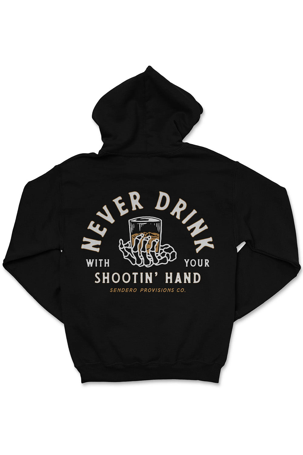 sendero shootin hand hoodie black flatlay