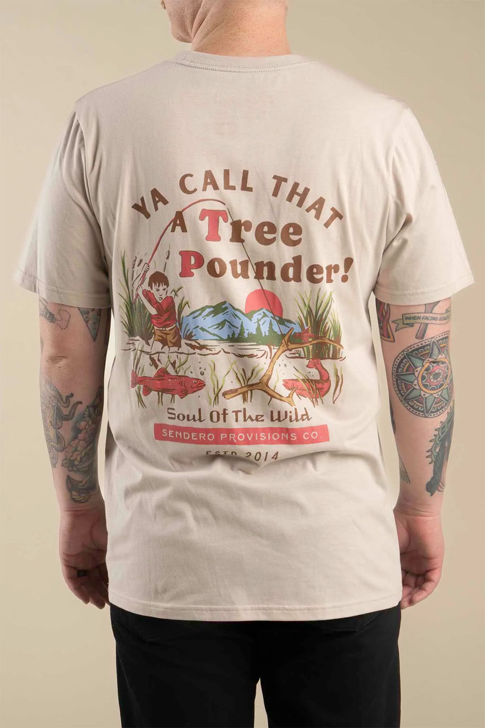 sendero tree pounder tshirt sand back