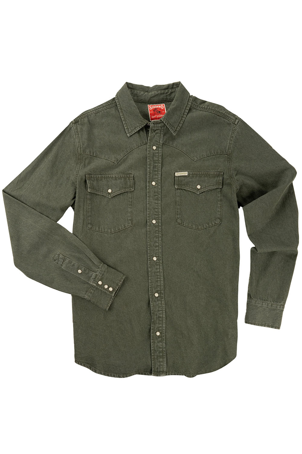 sendero wyatt pearl snap shirt faded olive flatlay