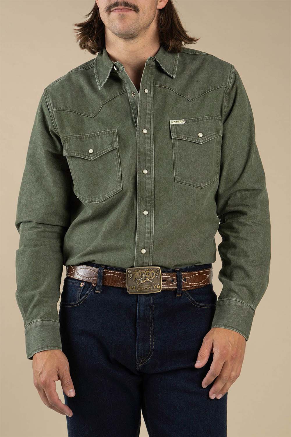 sendero wyatt pearl snap shirt faded olive front