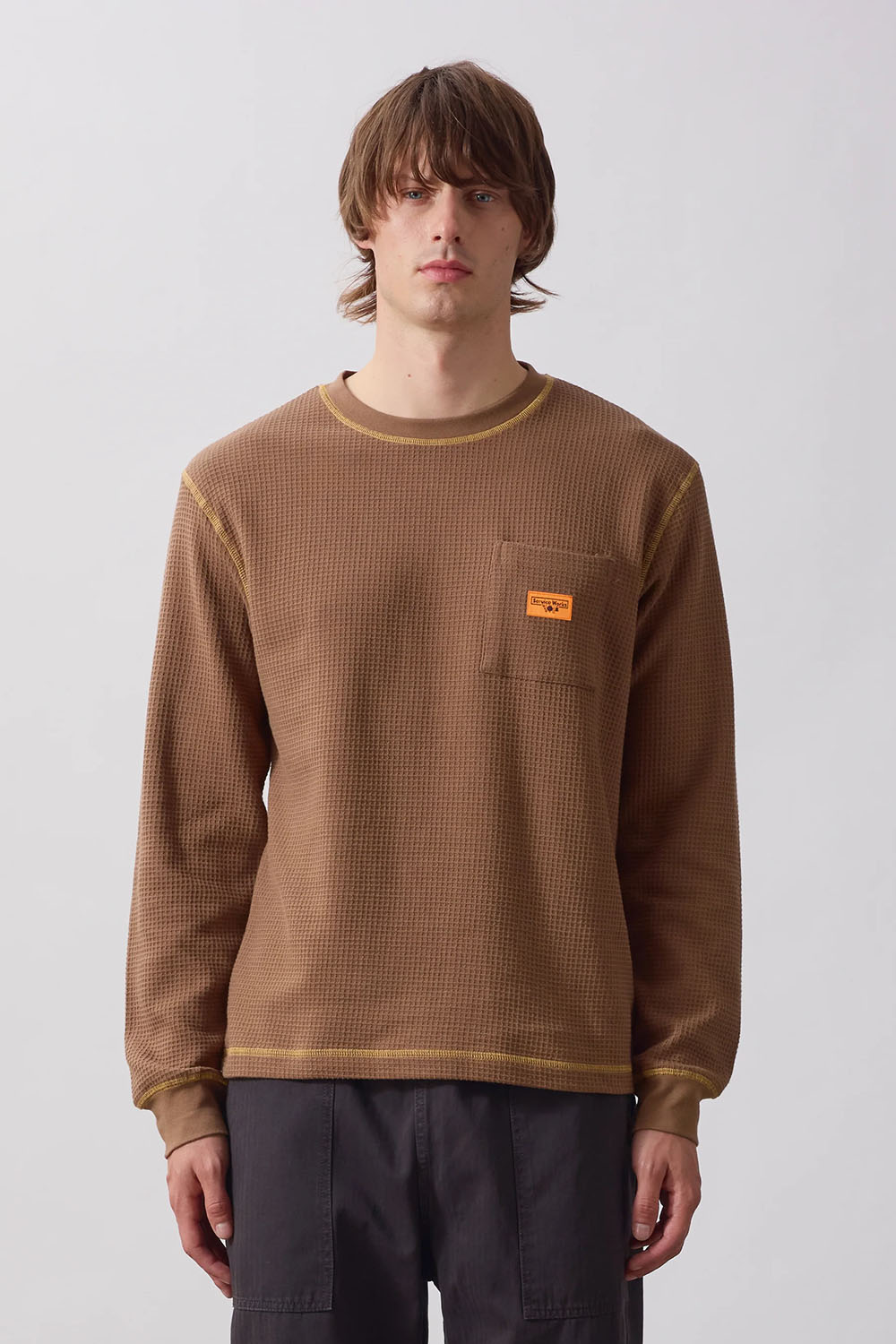 Service Works - Waffle Contrast Thermal Long Sleeve - Brown/Yellow - Model Front
