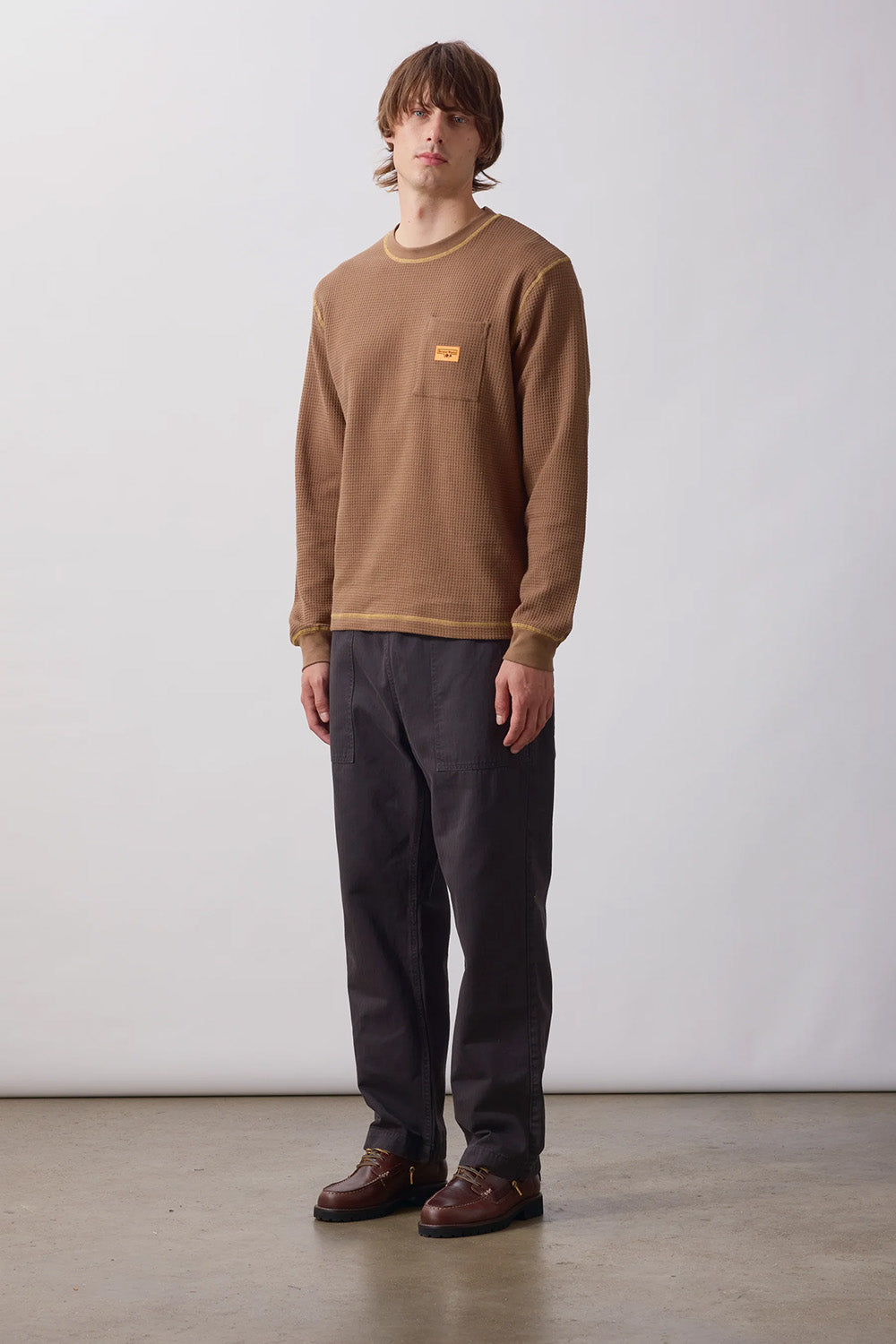 Service Works - Waffle Contrast Thermal Long Sleeve - Brown/Yellow - Model Full Body