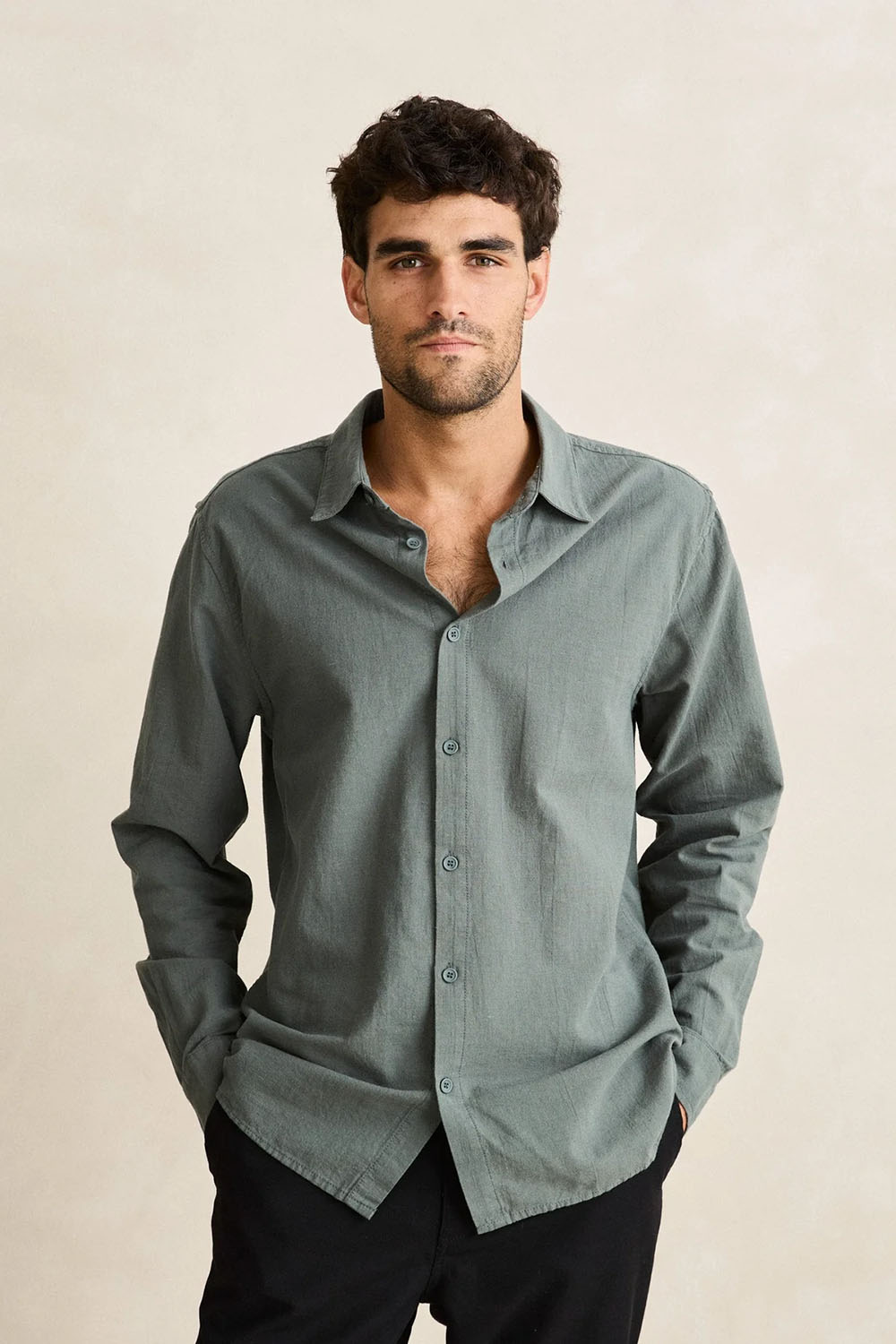 Rhythm - CLASSIC LINEN LS SHIRT - Silver Pine - Front