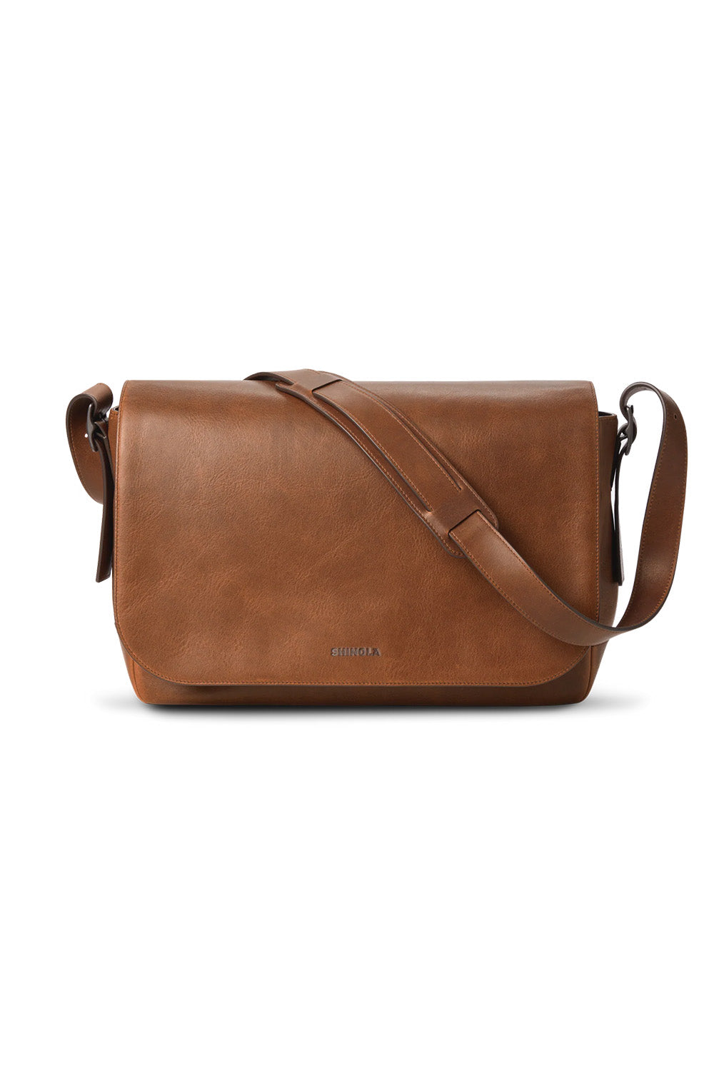 Shinola Runwell Messenger Navigator in Medium Brown — Front view
