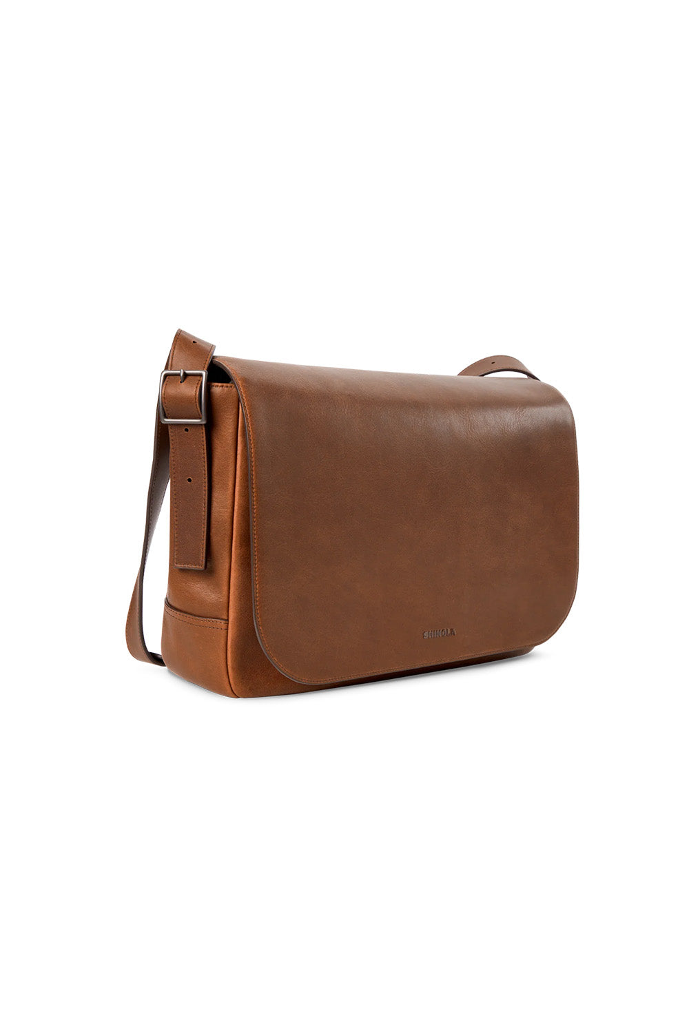 Shinola Runwell Messenger Navigator in Medium Brown — Quarter view