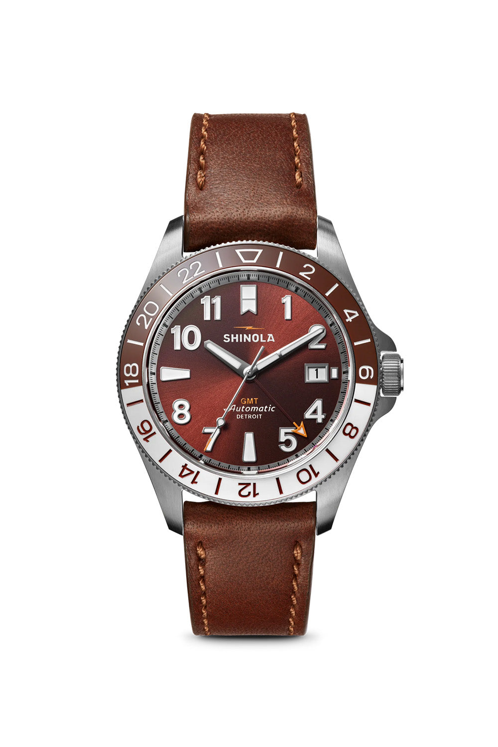 shinola monster gmt 40mm whiskey brown leather front