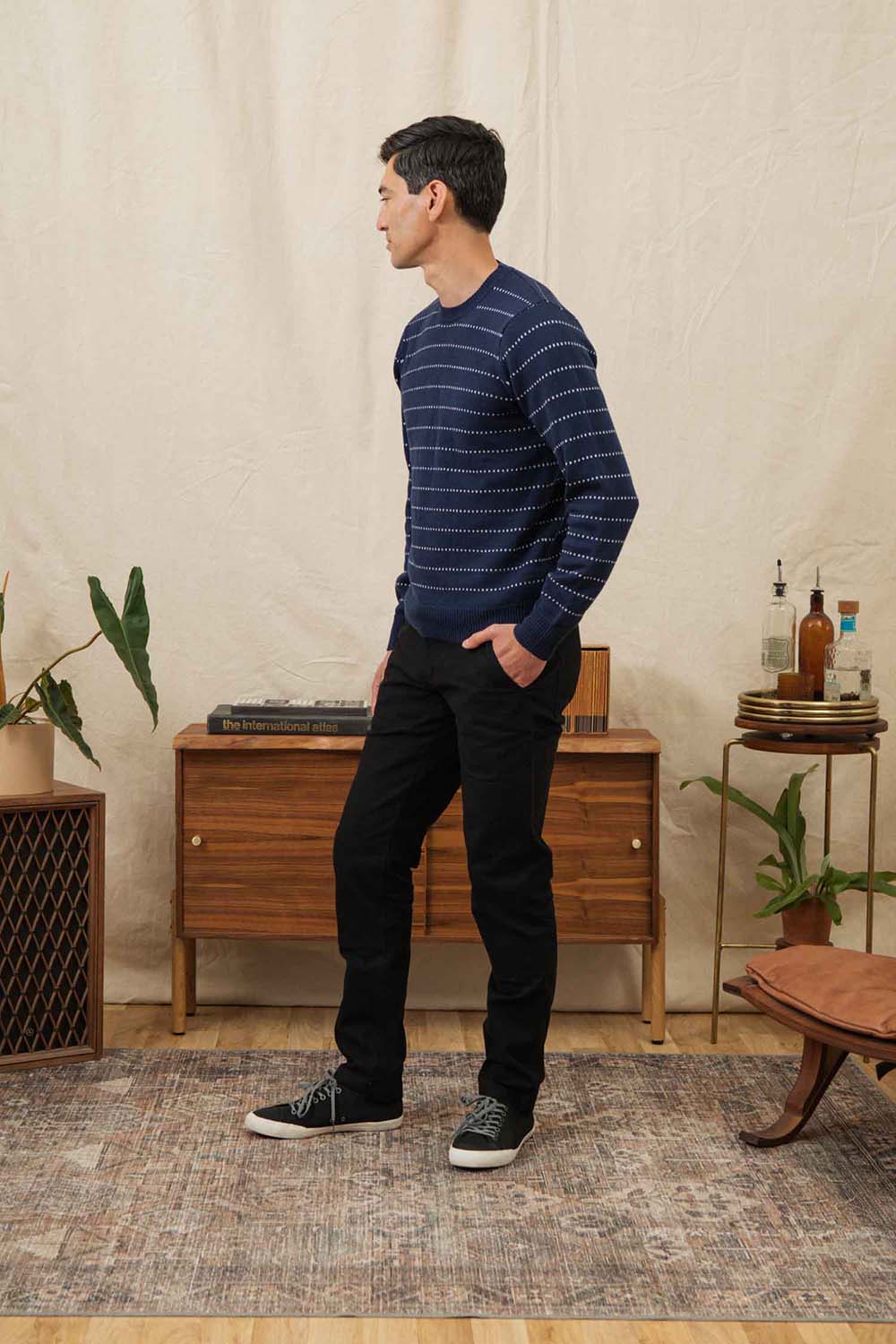 Bridge and Burn - Orson Sweater - Navy Dotted Path - Model Side