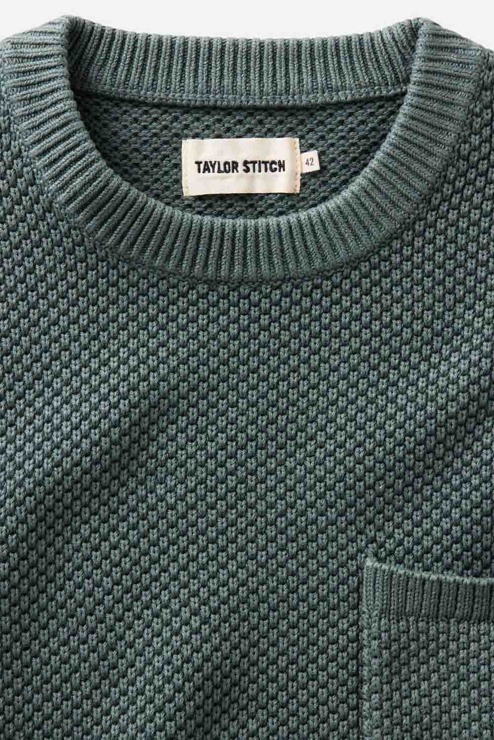 Taylor Stitch Crawford Crew Sweater in Faded Spruce — Detail-Collar view