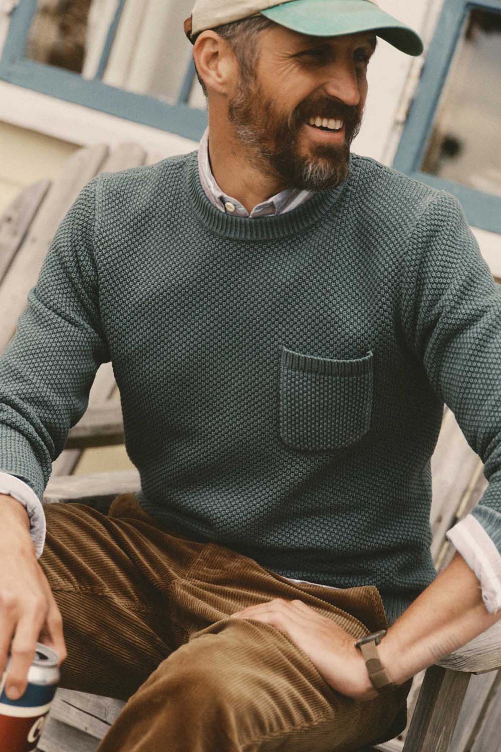 Taylor Stitch Crawford Crew Sweater in Faded Spruce — Lifestyle view