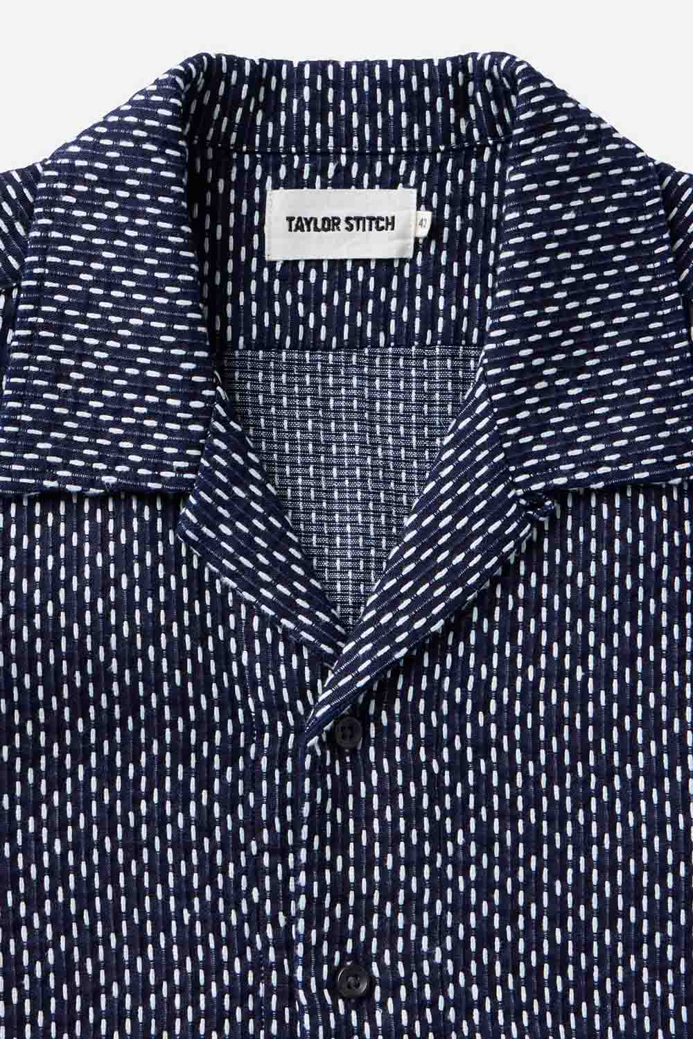 taylor stitch davis shirt in indigo raindrop sashiko collar view