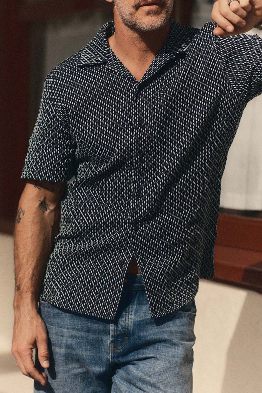 taylor stitch davis shirt in indigo raindrop sashiko front view