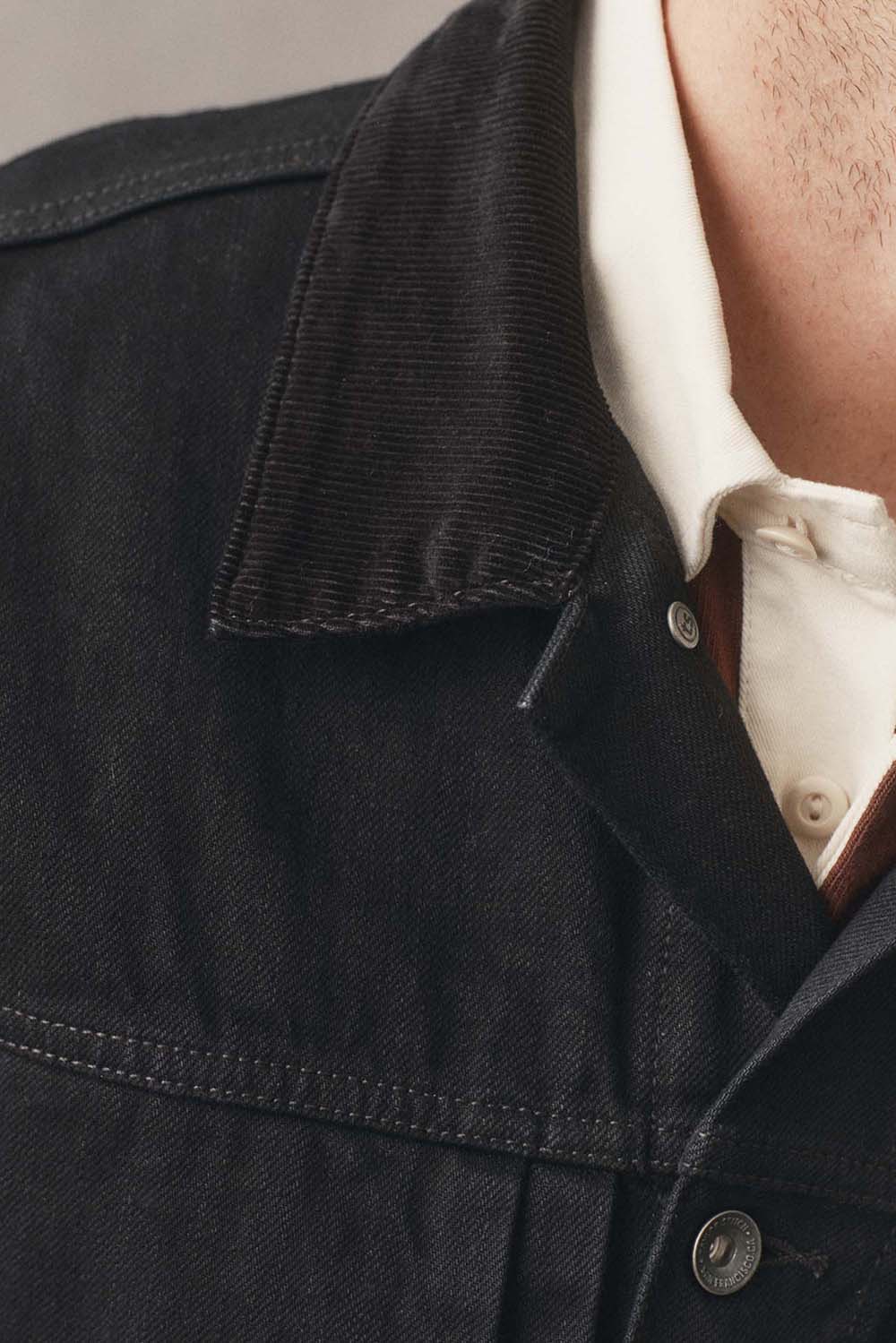 Taylor Stitch Ryder Jacket in Rinsed Black Organic Selvedge — Collar detail view