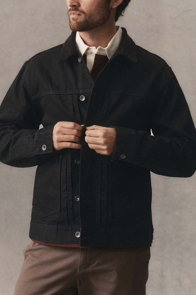 Taylor Stitch Ryder Jacket in Rinsed Black Organic Selvedge — Front view, on model