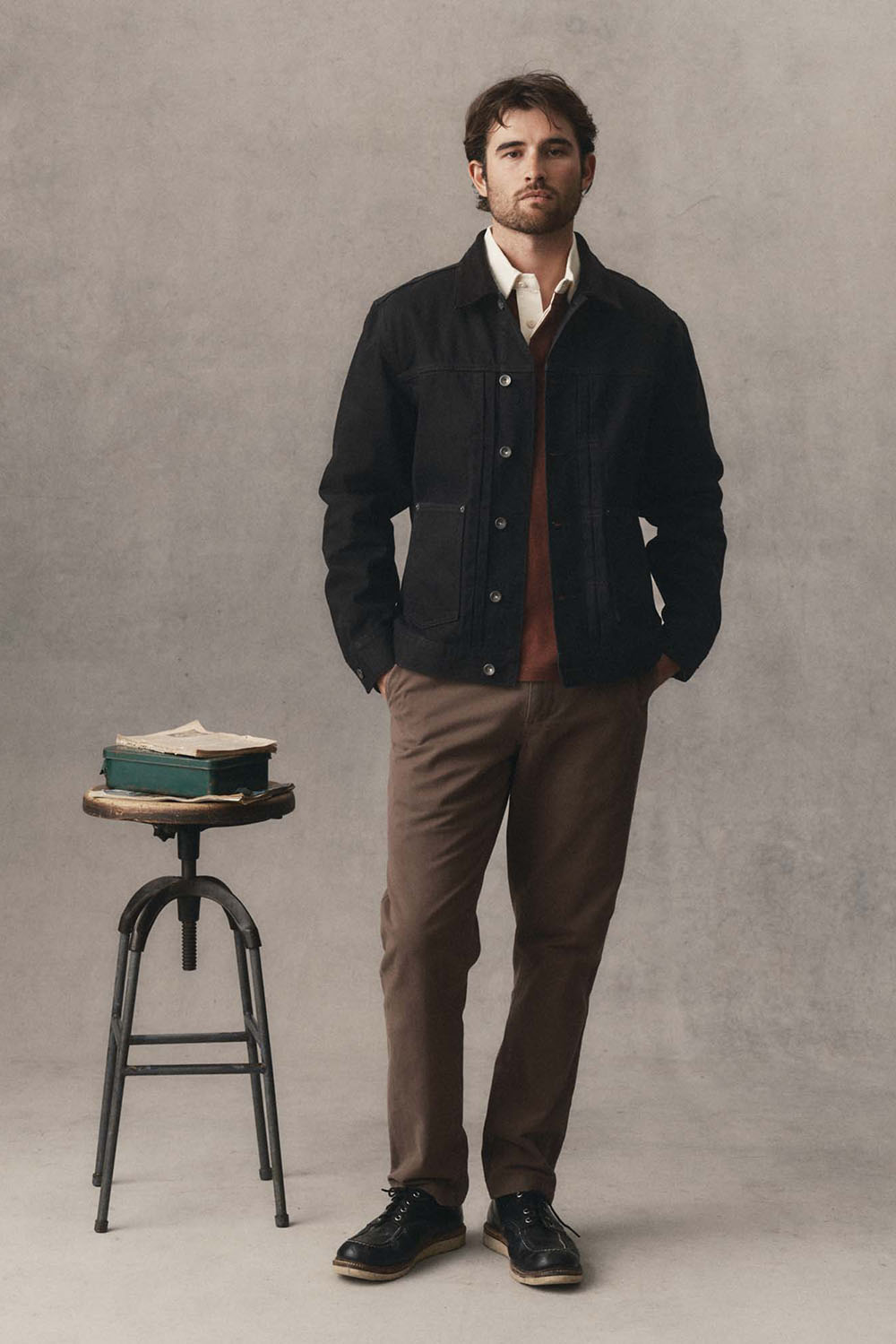 Taylor Stitch Ryder Jacket in Rinsed Black Organic Selvedge — Full-body view