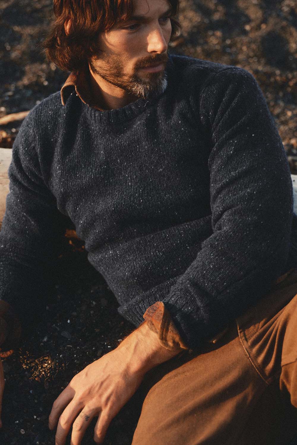 Taylor Stitch - Seafarer Crew Sweater - Atlantic Blue Donegal - Model Front