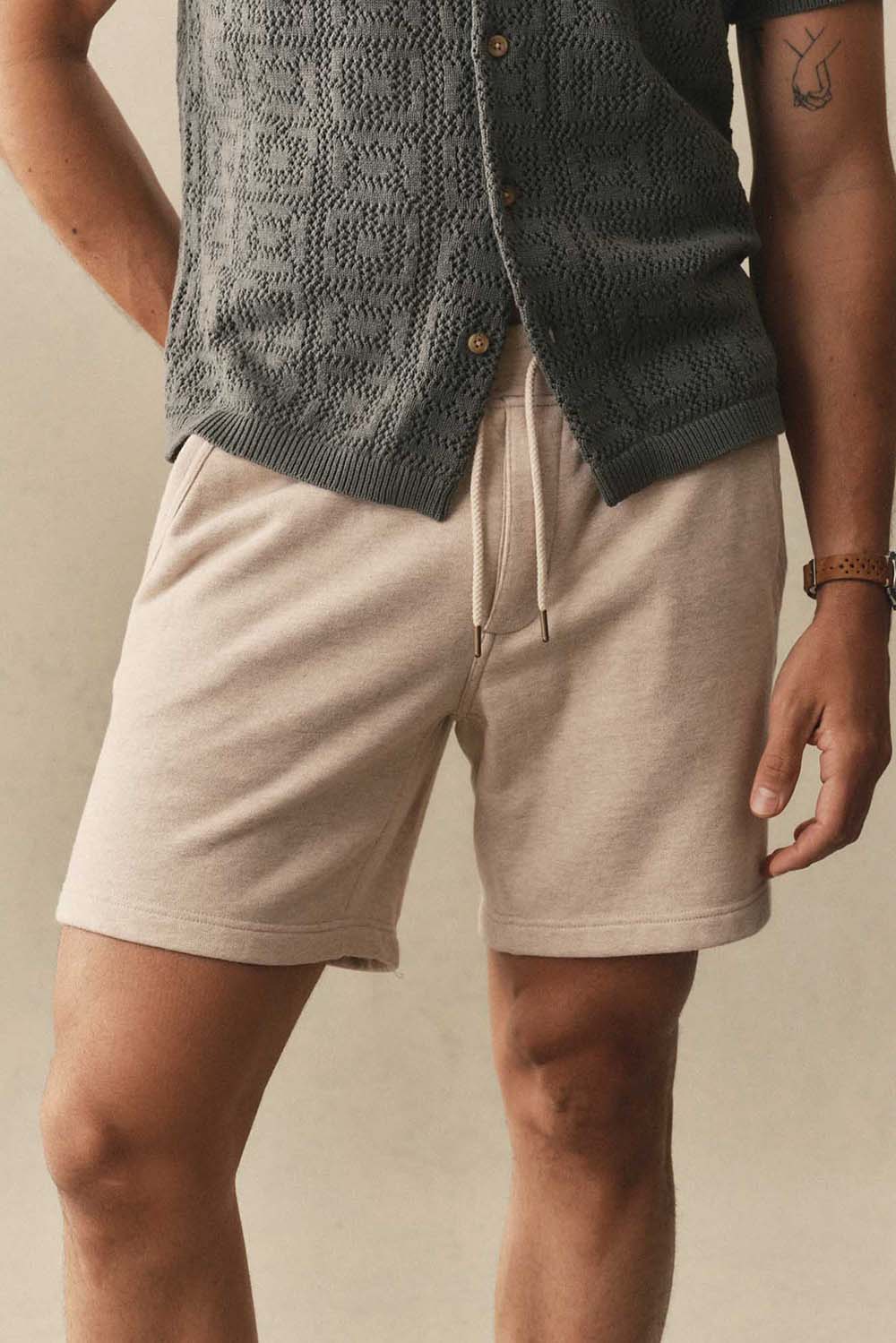 taylor stitch sunset short in heather oat terry front view