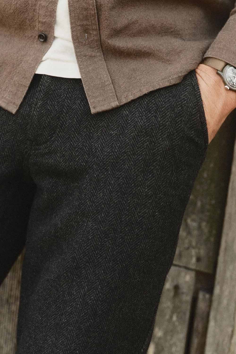 Taylor Stitch - The Carnegie Pant - Coal Herringbone Wool - Model Detail View