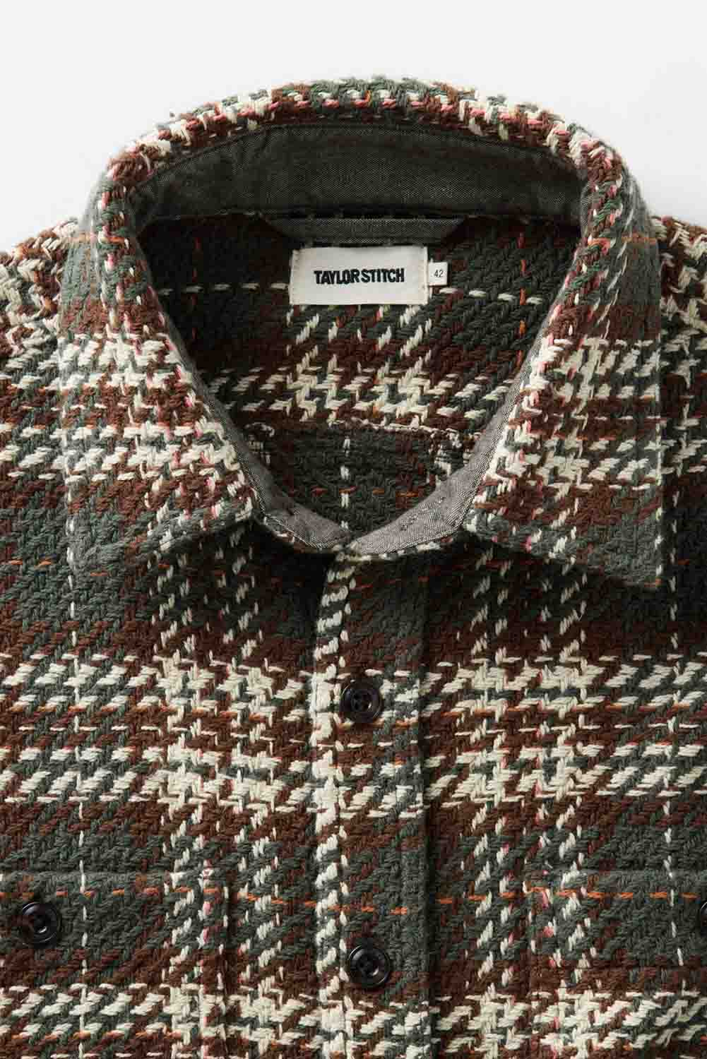 Taylor Stitch The Cutter Overshirt in Buzzard Check — Detail collar view