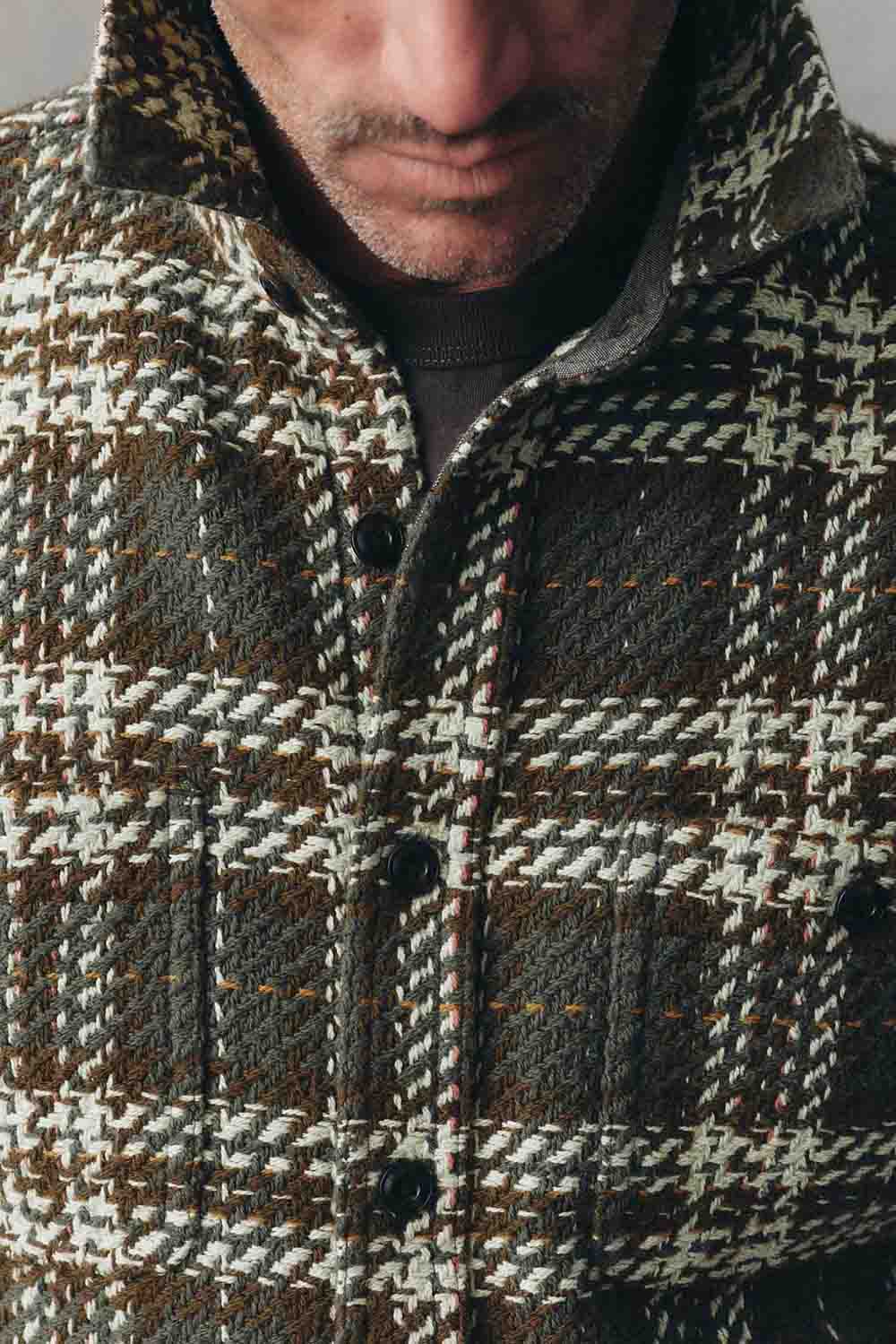 Taylor Stitch The Cutter Overshirt in Buzzard Check — Detail placket view