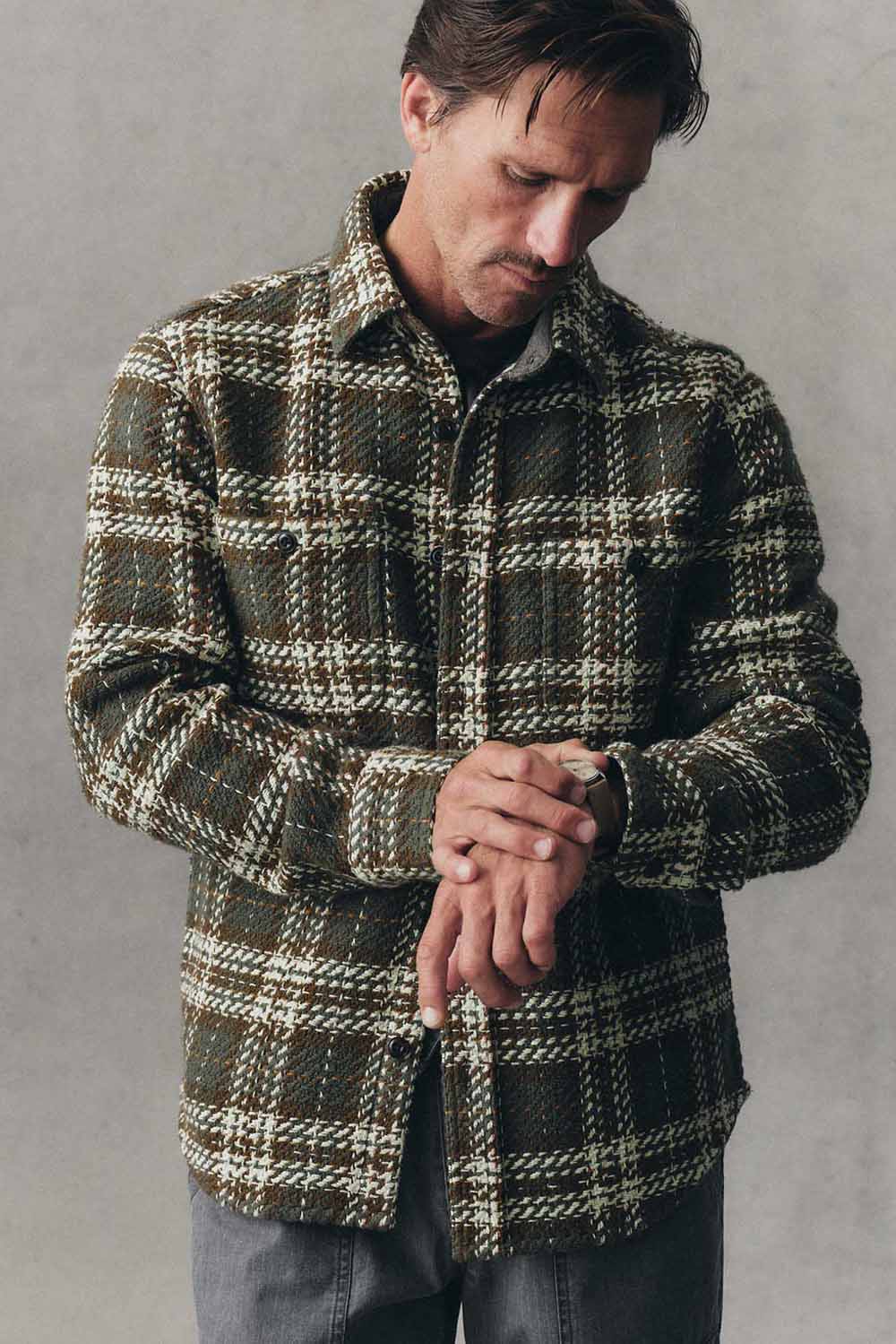 Taylor Stitch The Cutter Overshirt in Buzzard Check — Front view
