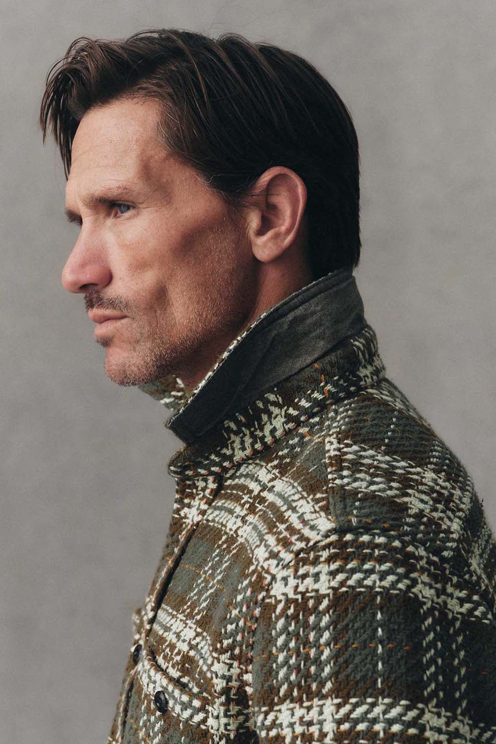 Taylor Stitch The Cutter Overshirt in Buzzard Check — Profile view