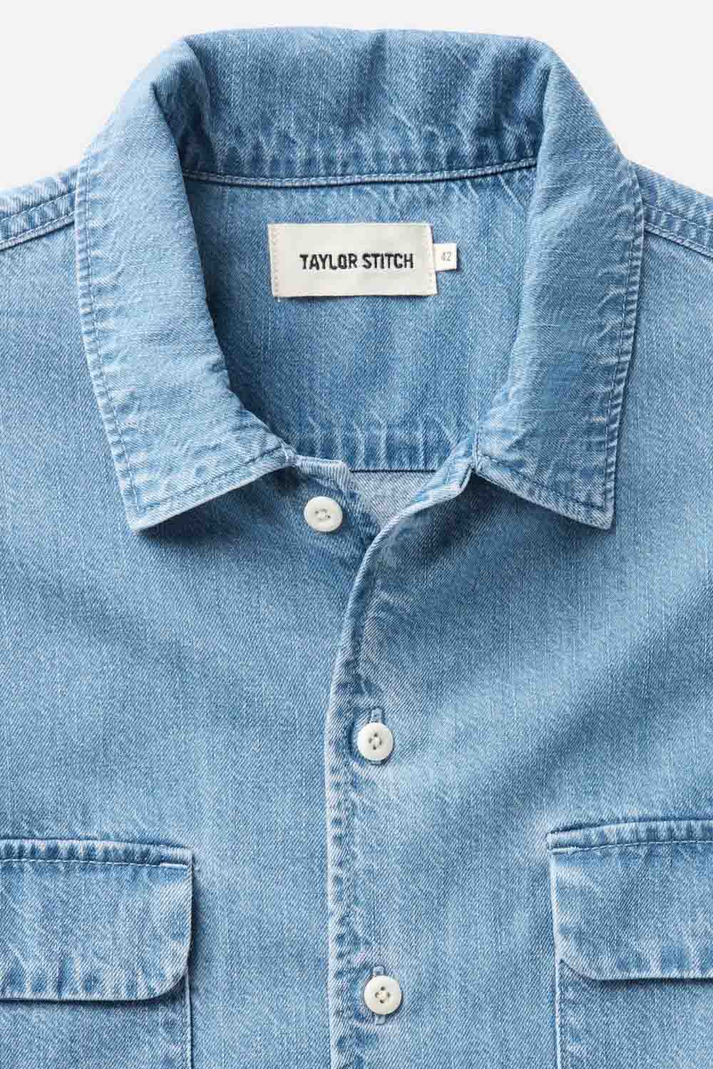 taylor stitch the shore shirt washed indigo twill detail
