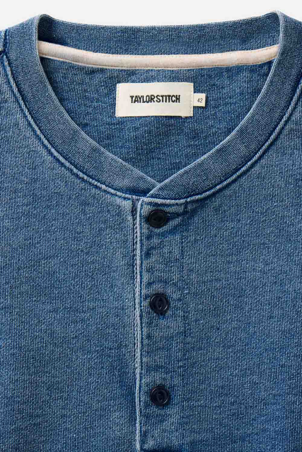 Taylor Stitch The Sunset Henley in Washed Indigo — Detail-Collar view