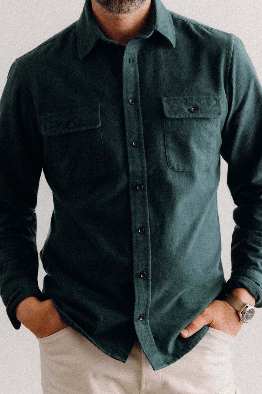 Taylor Stitch The Yosemite Shirt in Dark Forest — Detail front view