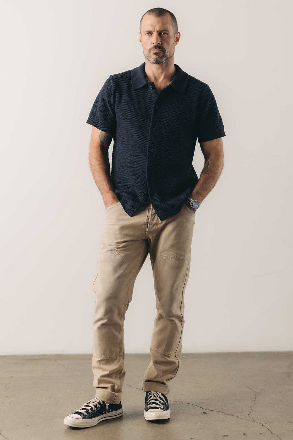 taylor stitch button down polo dark navy crochet