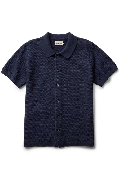 taylor stitch button down polo dark navy crochet flatlay