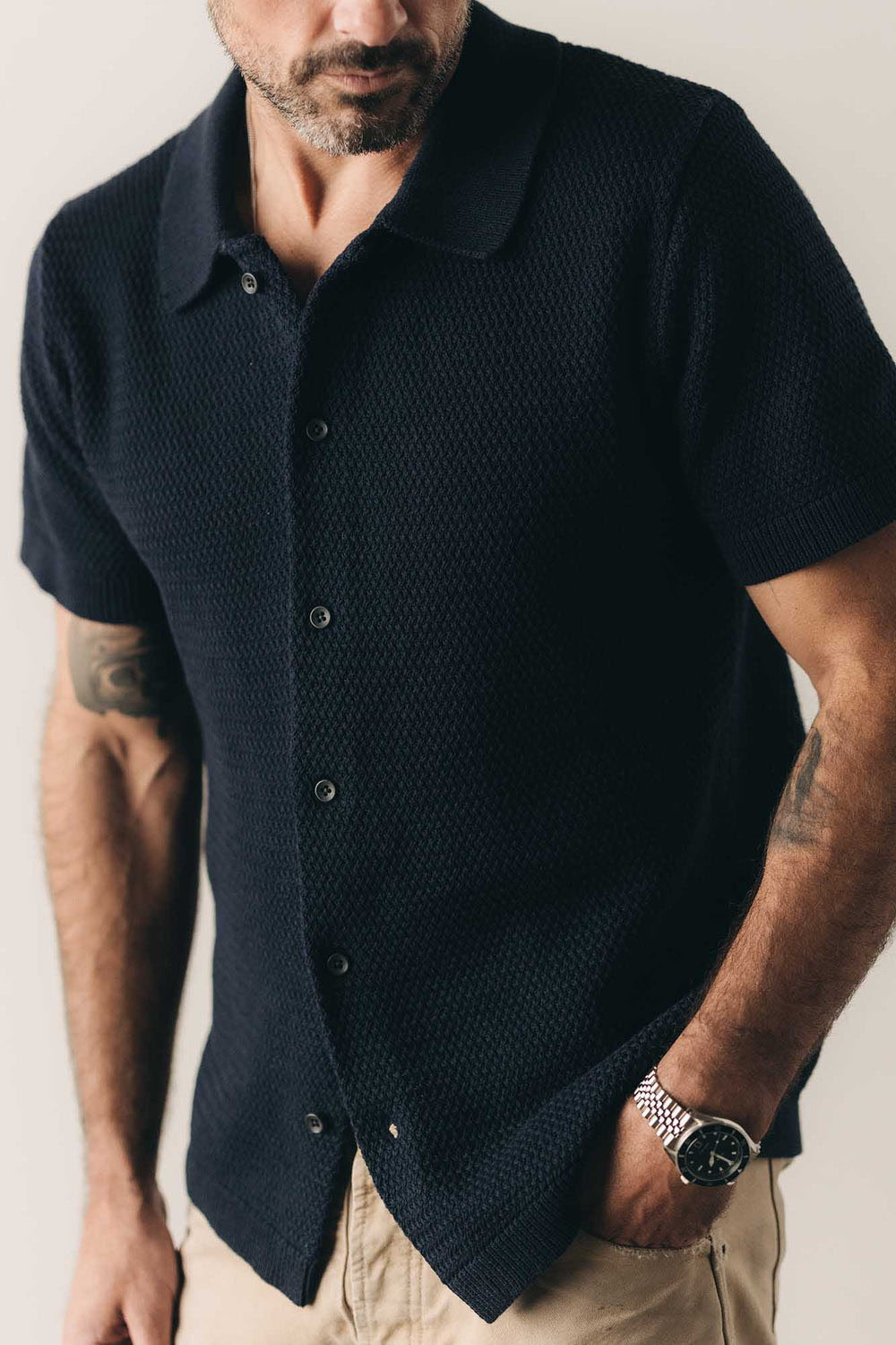 taylor stitch button down polo dark navy crochet front