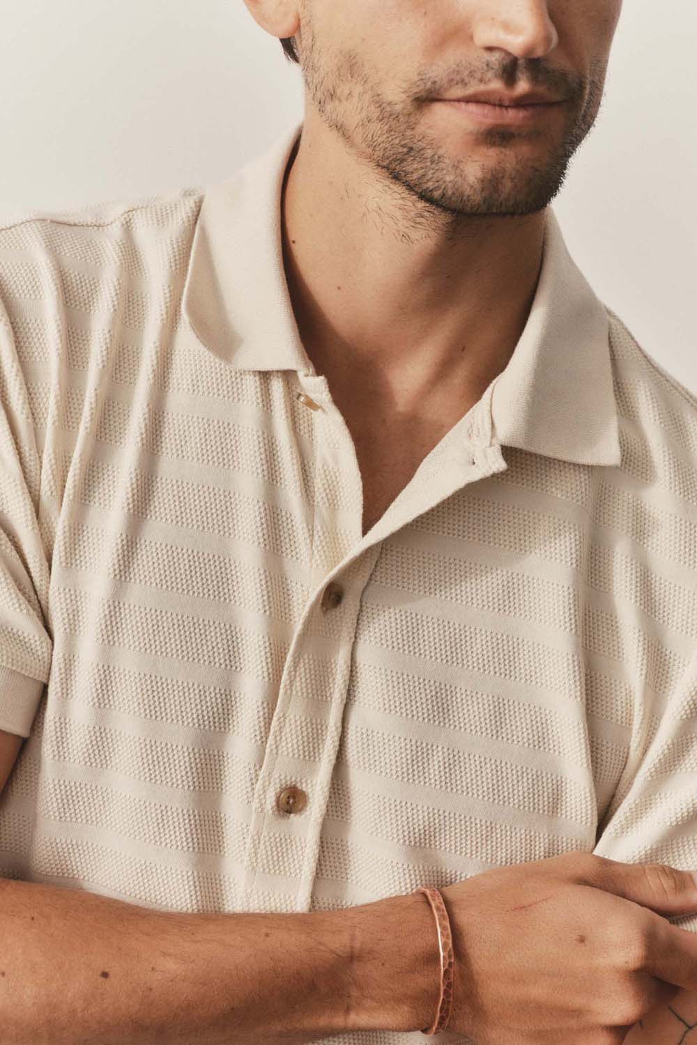 taylor stitch bywater polo natural knit stripe detail