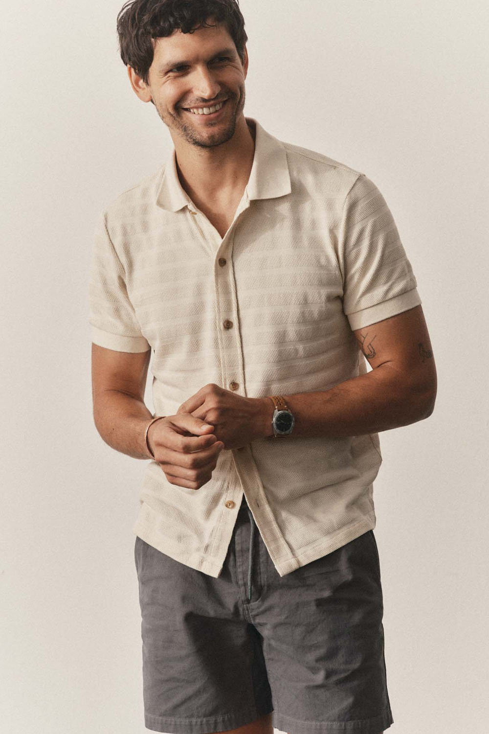 taylor stitch bywater polo natural knit stripe model