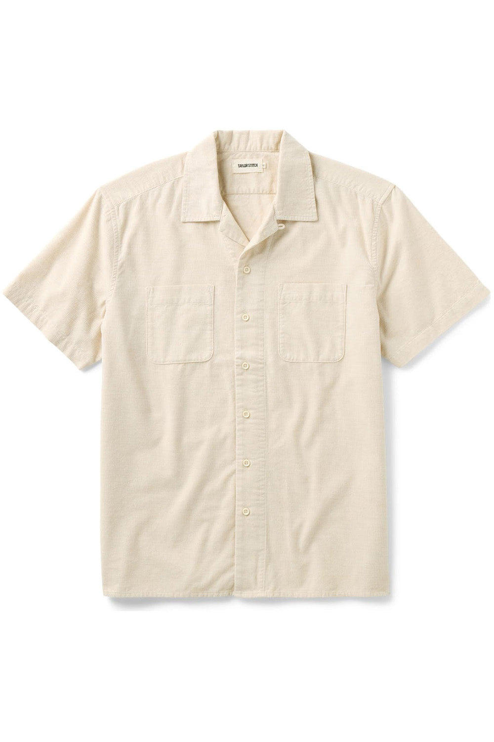 taylor stitch conrad ss shirt heather oat pincord flatlay