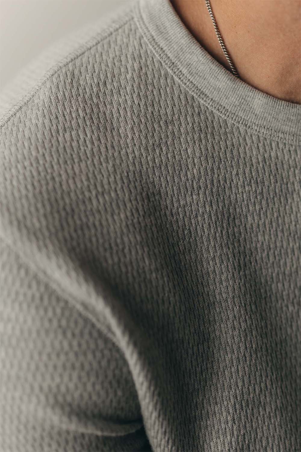 taylor stitch organic cotton waffle crew heather grey detail