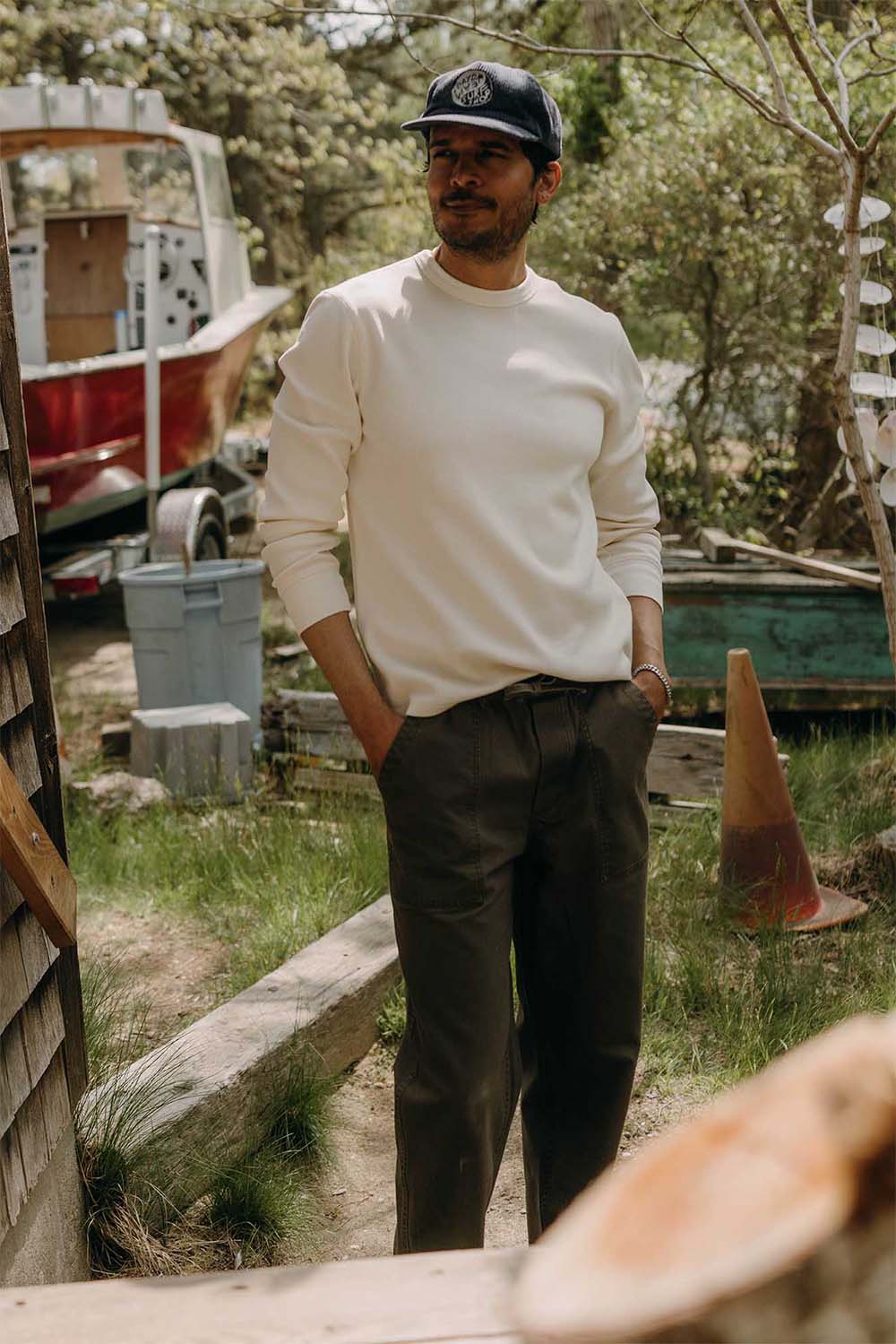 Taylor Stitch - Organic Cotton Waffle Crew - Vintage White - Model