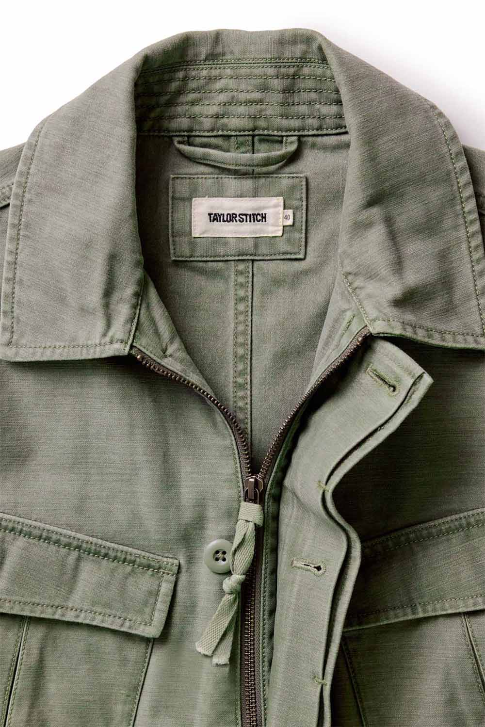 taylor stitch the surplus jacket field olive sateen collar