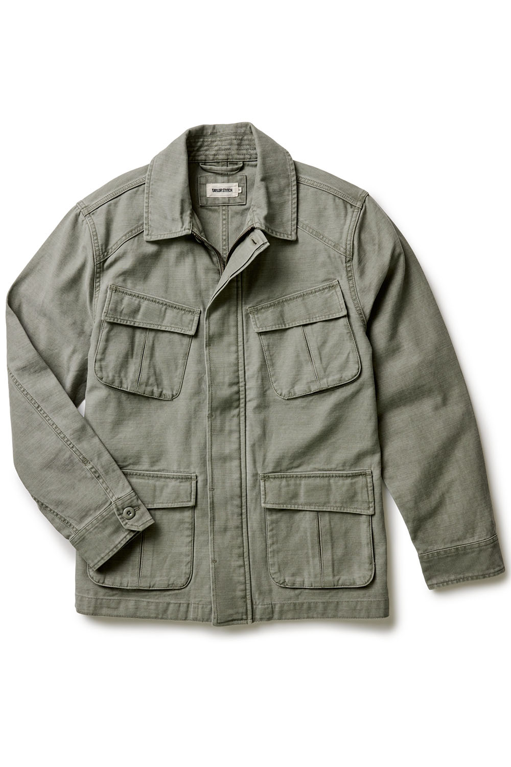 taylor stitch the surplus jacket field olive sateen flatlay