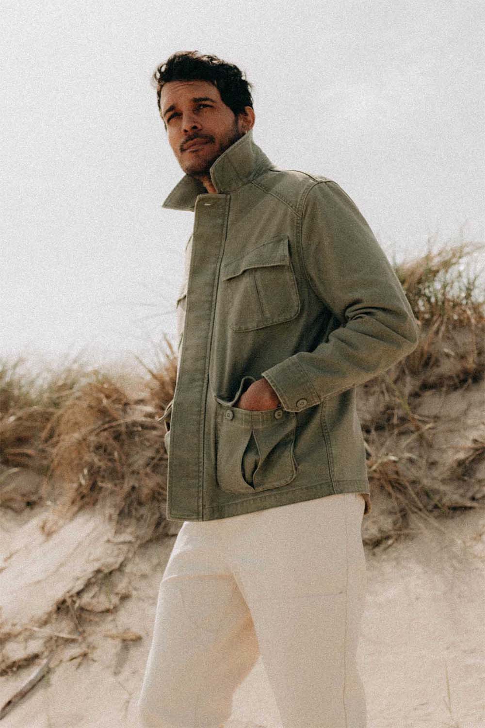 taylor stitch the surplus jacket field olive sateen model