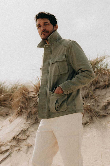 taylor stitch the surplus jacket field olive sateen model