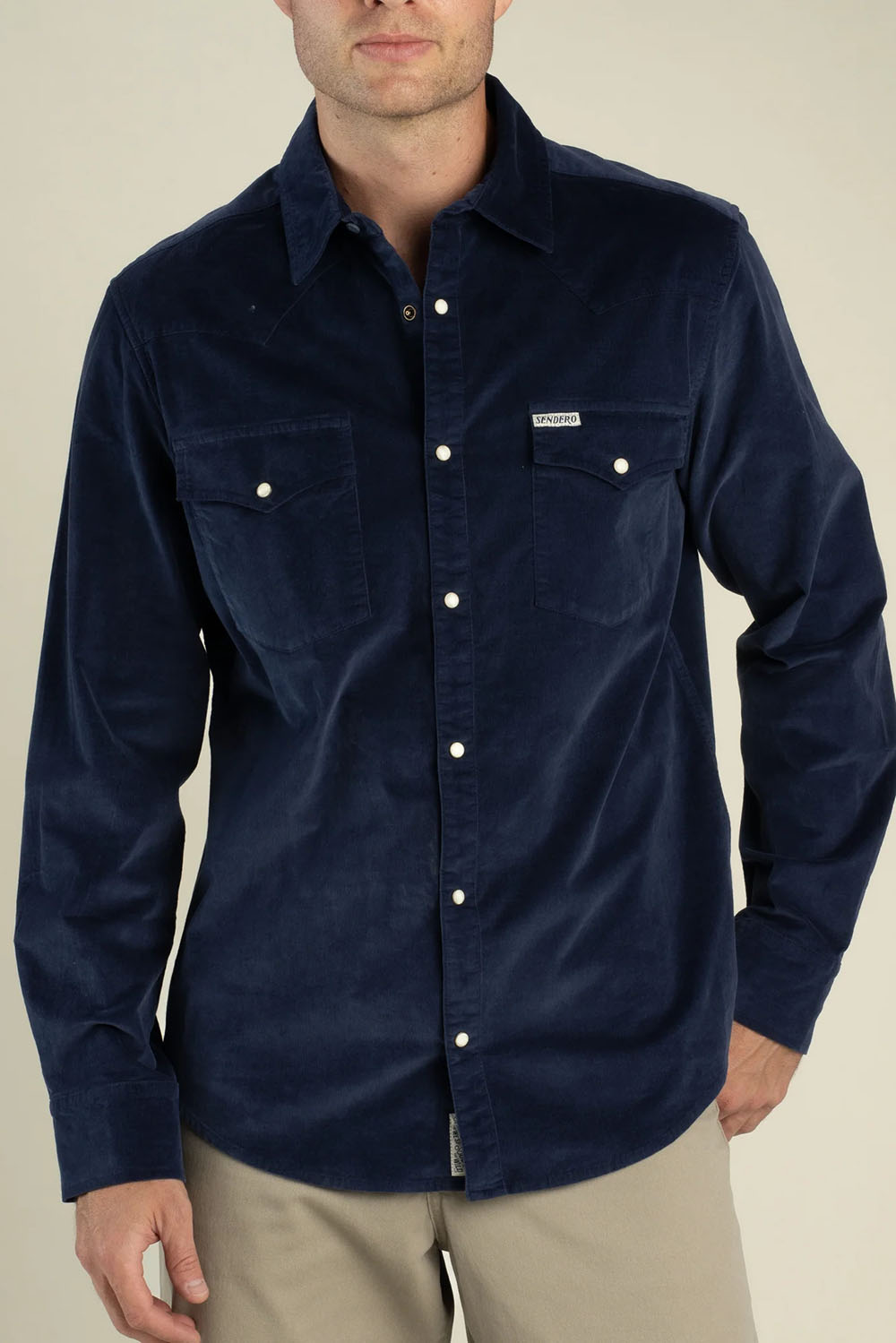 sendero wyatt pearl snap cord long sleeve navy front