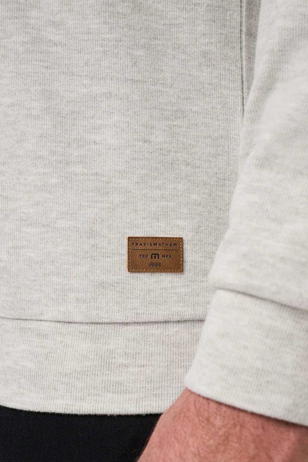 Travis Mathew Cloud Sweater in Heather Grey — Detail label view