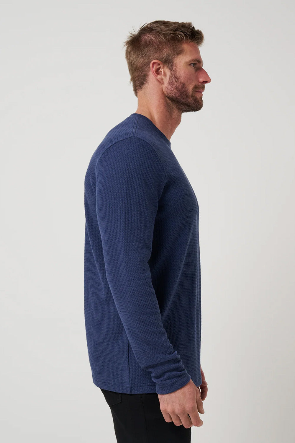Travis Mathew Cloud Waffle Crew in Mood Indigo — Profile view