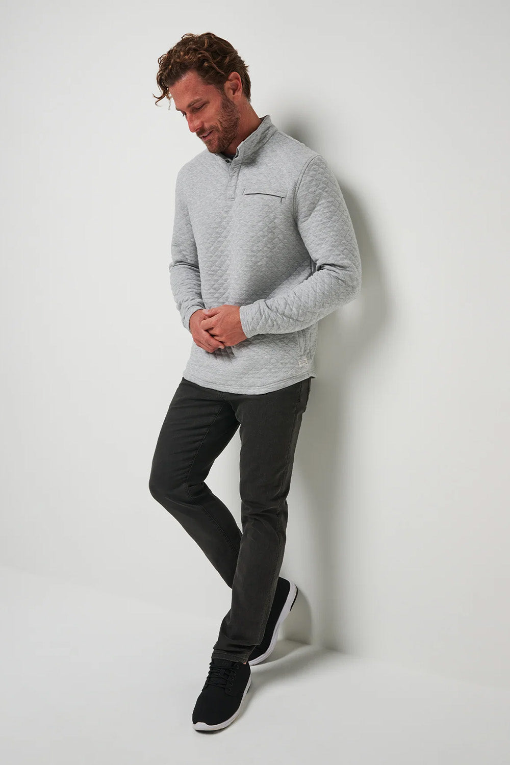 Travis Mathew Transatlantic Quarter Zip in Heather Lt Grey — Lifestyle view