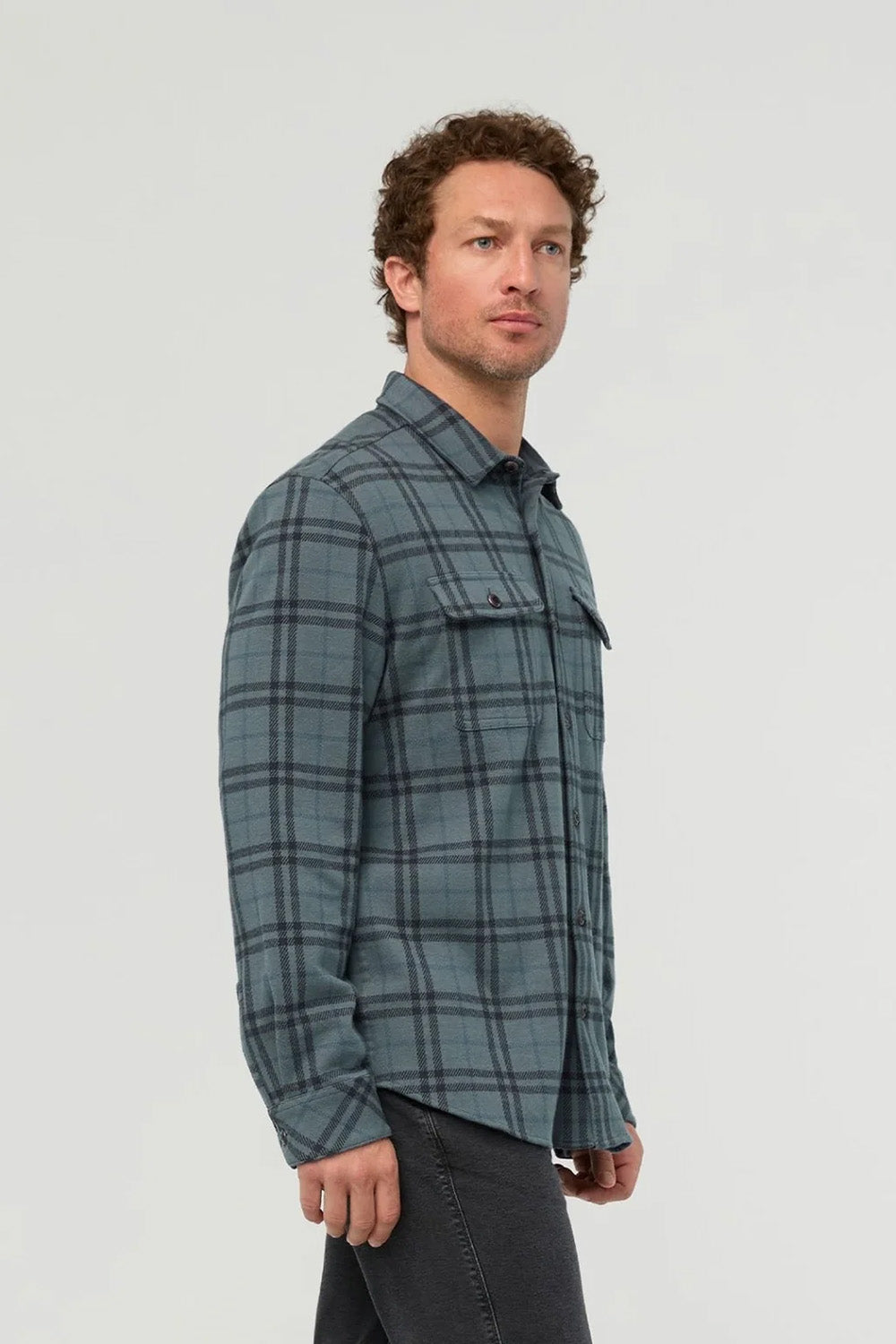 Duer Performance Flannel Overshirt in Marine Plaid — Side view