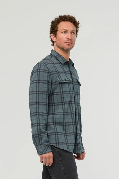 Duer Performance Flannel Overshirt in Marine Plaid — Side view