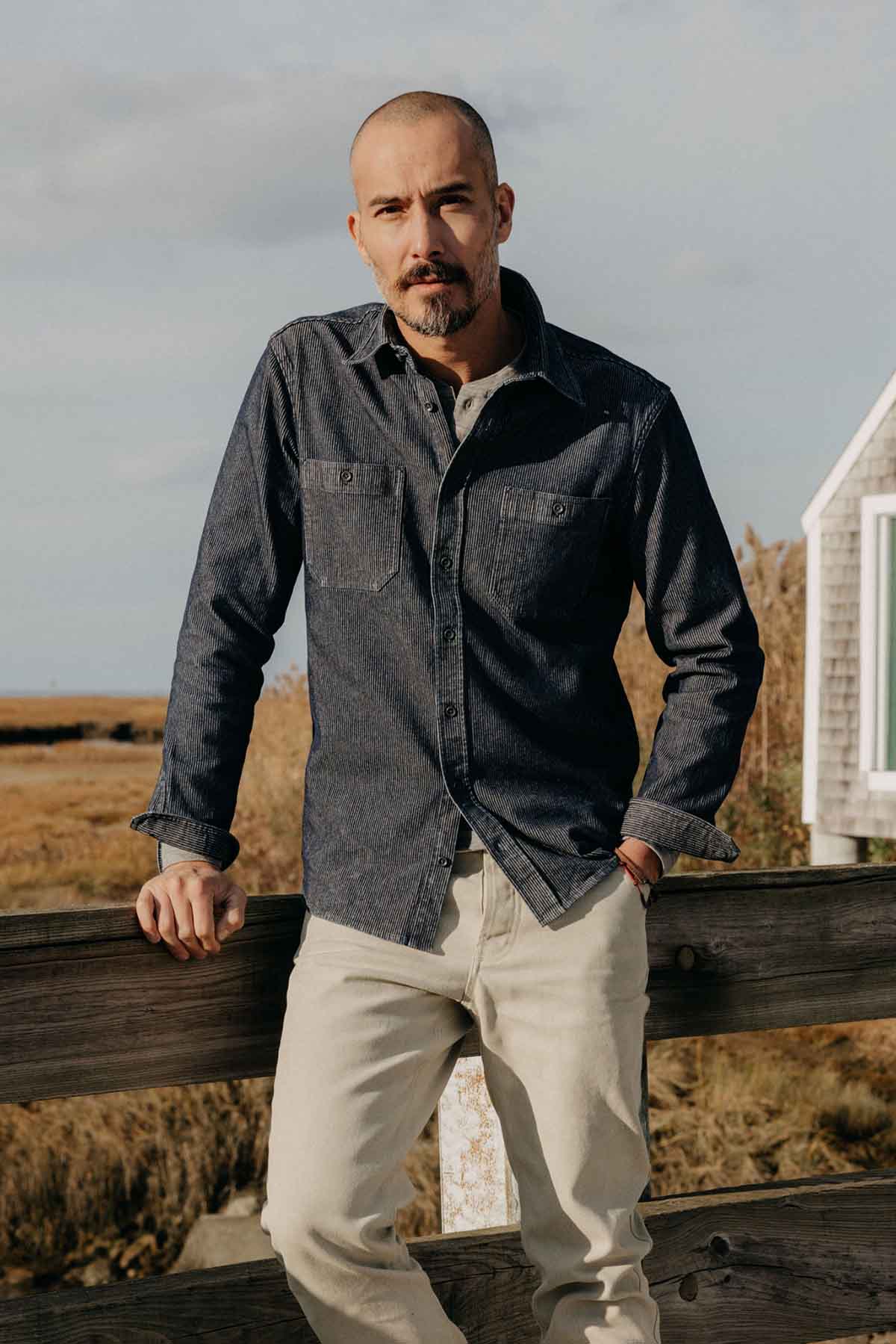 Taylor Stitch - The Utility Shirt - Rinsed Indigo Stripe - Model