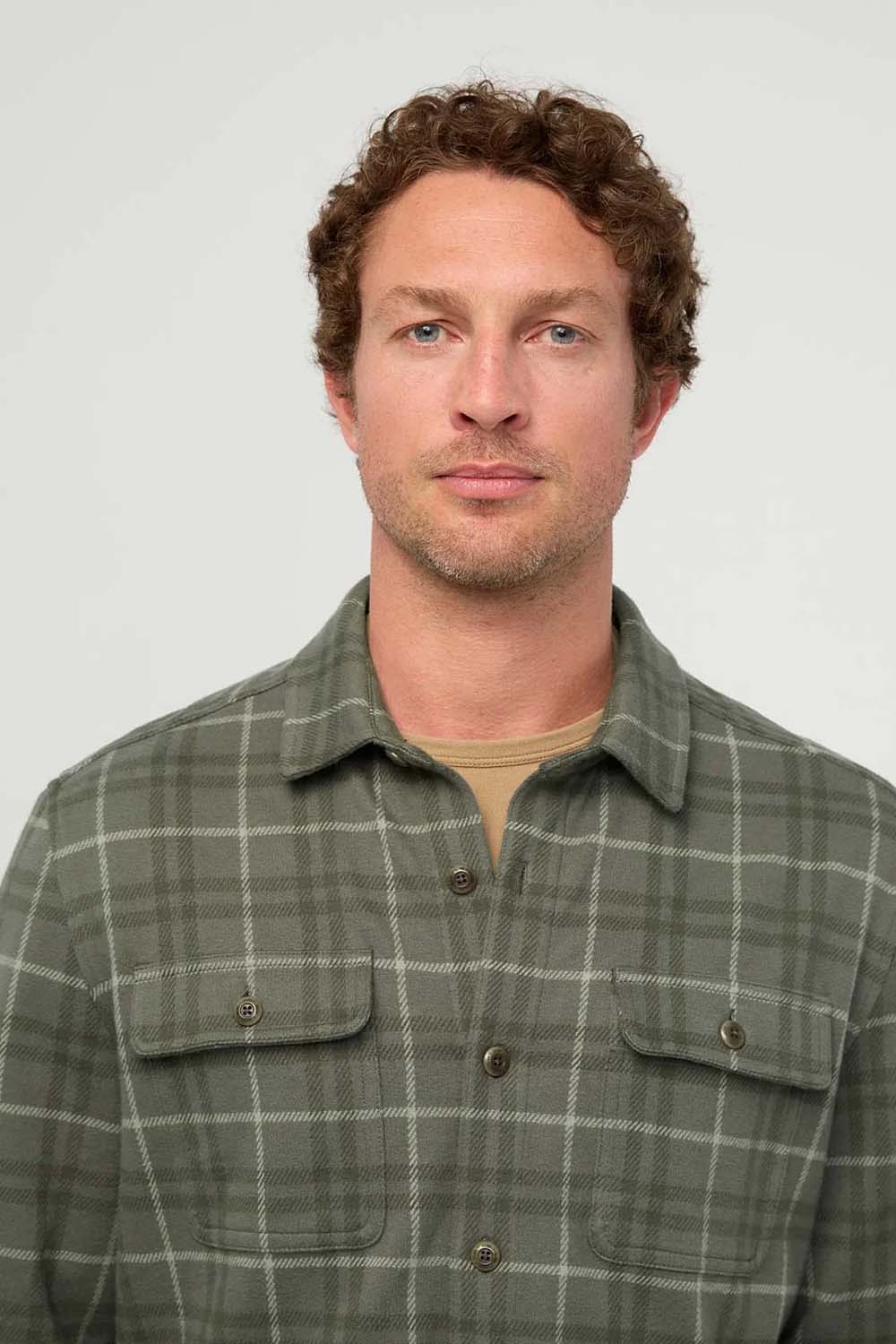 Duer Performance Flannel Overshirt in Thyme Plaid — Front Detail view